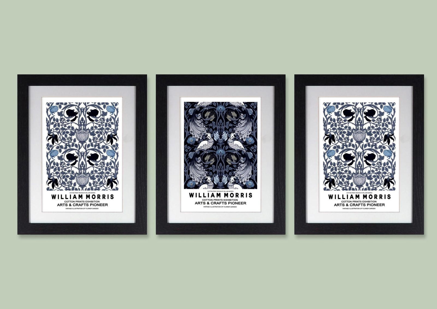 Set of 3 Framed William Morris Prints - Navy & White Arts and Crafts Gallery Wall