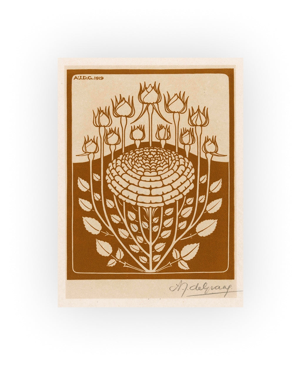 Julie de Graag Floral Woodcut - 1919 Decorative Flower Study, Botanical Art Nouveau,