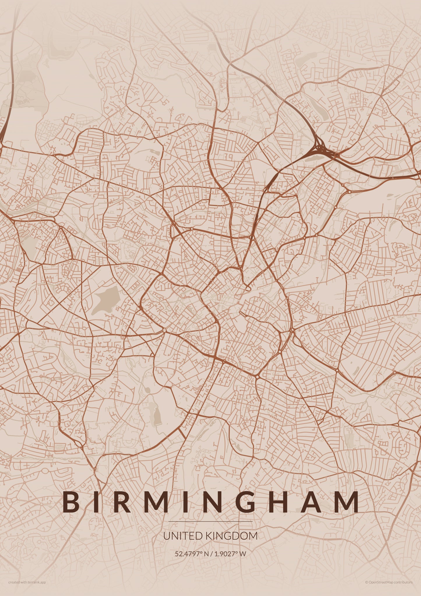 Birmingham City Map Print - Copper Edition