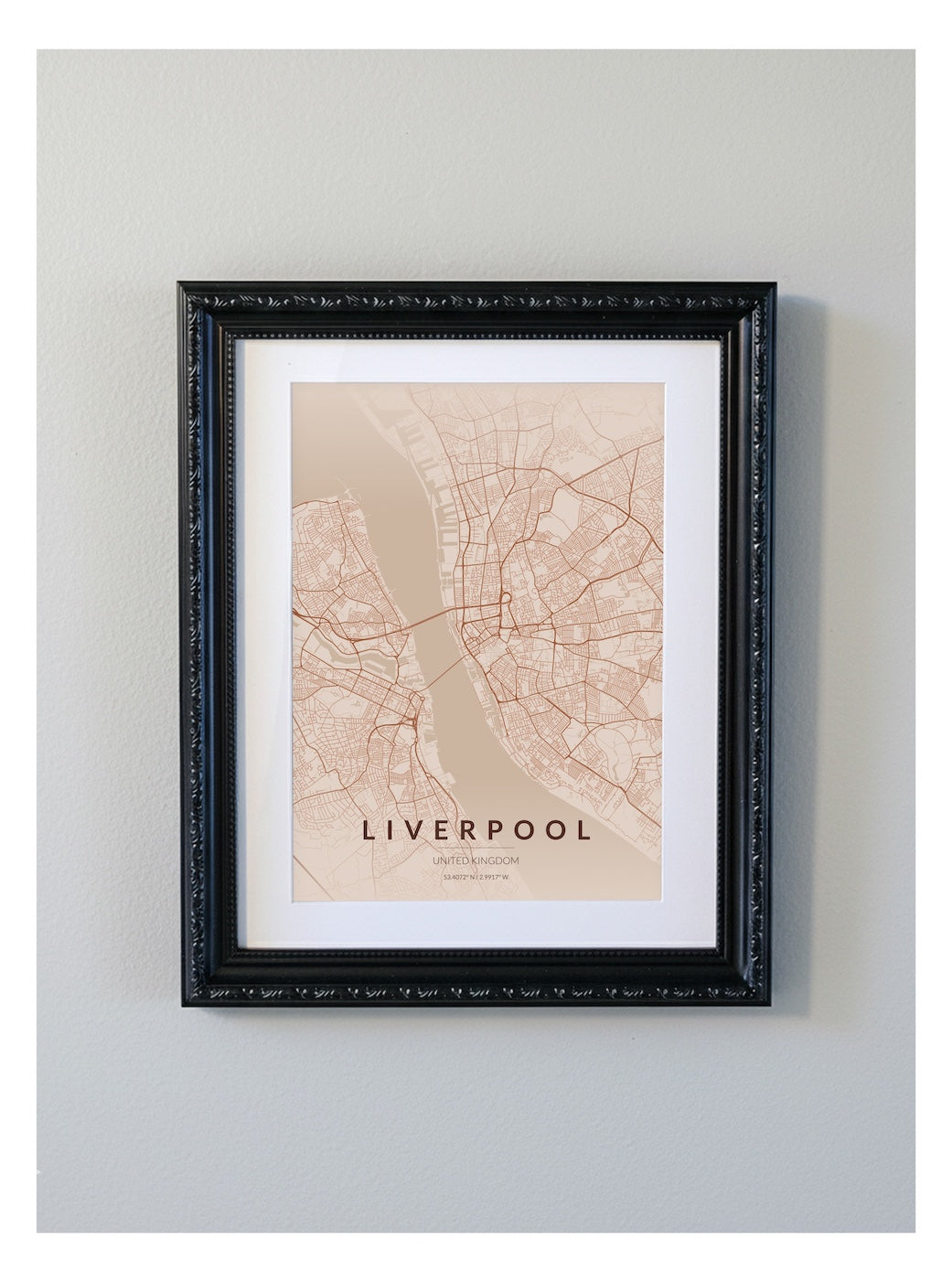 Ornate Framed Liverpool City Map Print - Copper Edition A4 Poster - Black Decorative Frame