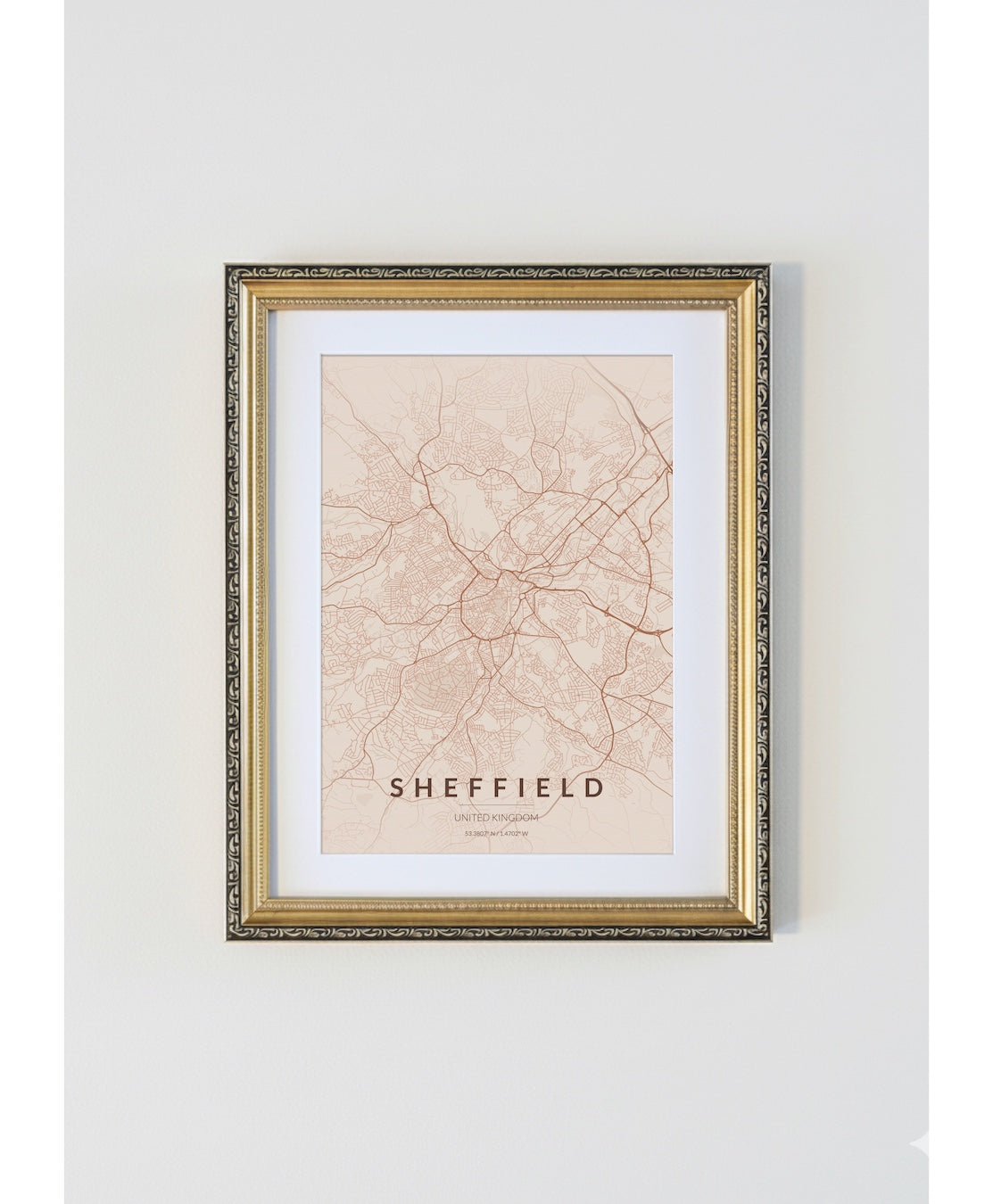 Antique Gold Framed Sheffield City Map Print Copper Edition A4 Poster