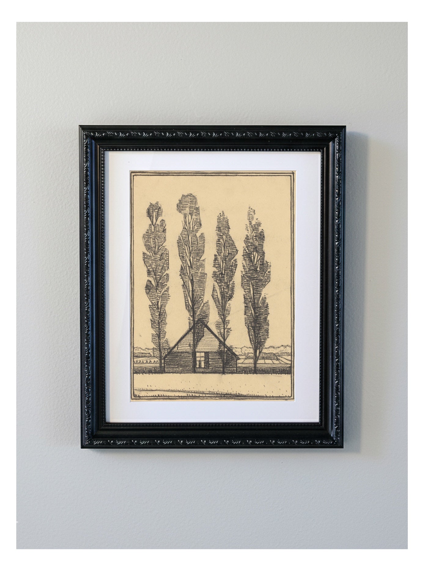 Julie de Graag Four Poplars Decorative Framed Print - Dutch Farmhouse Woodcut Art