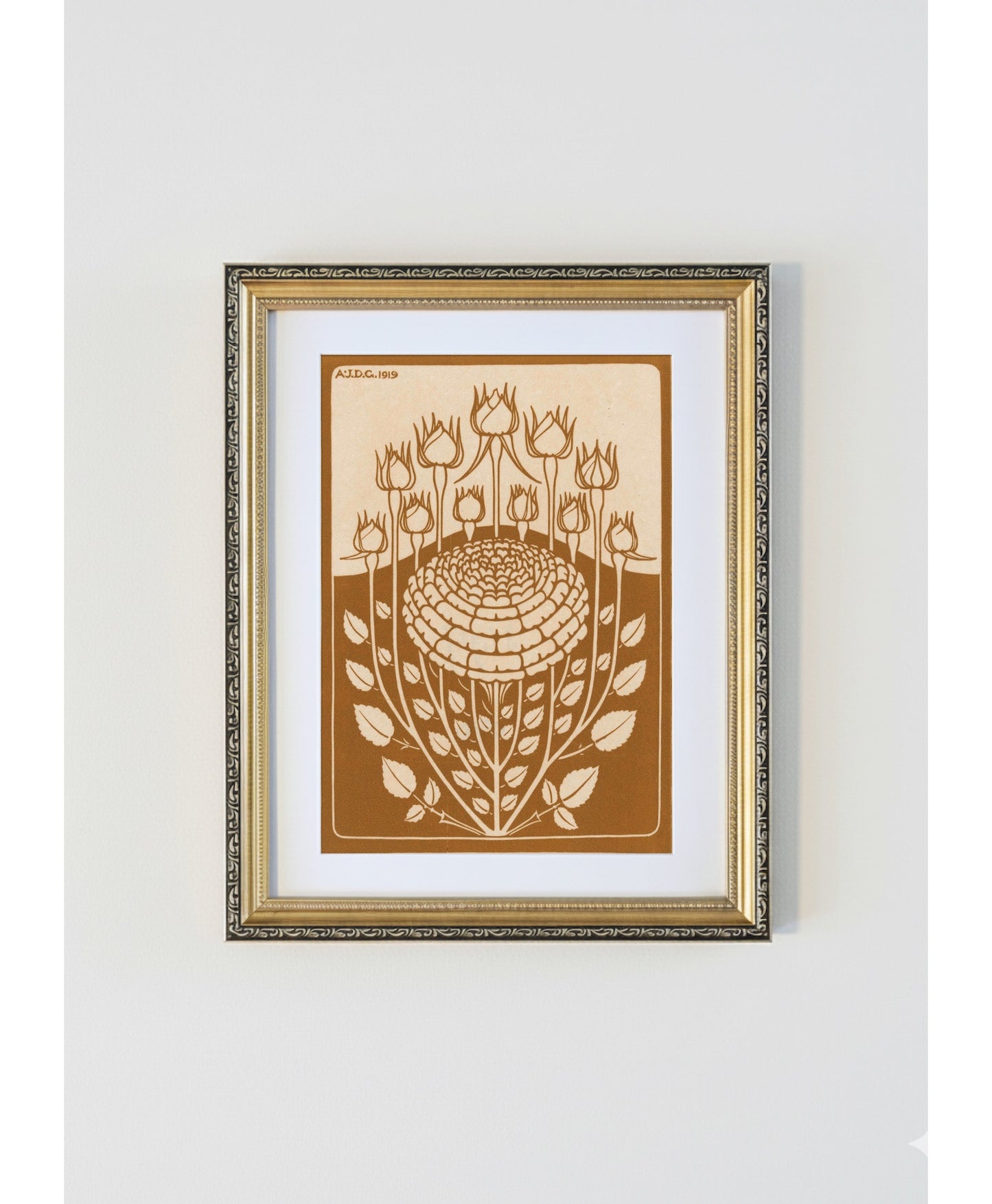 Julie de Graag Floral Woodcut Antique Gold Framed Print - 1919 Decorative Flower Botanical Art Nouveau