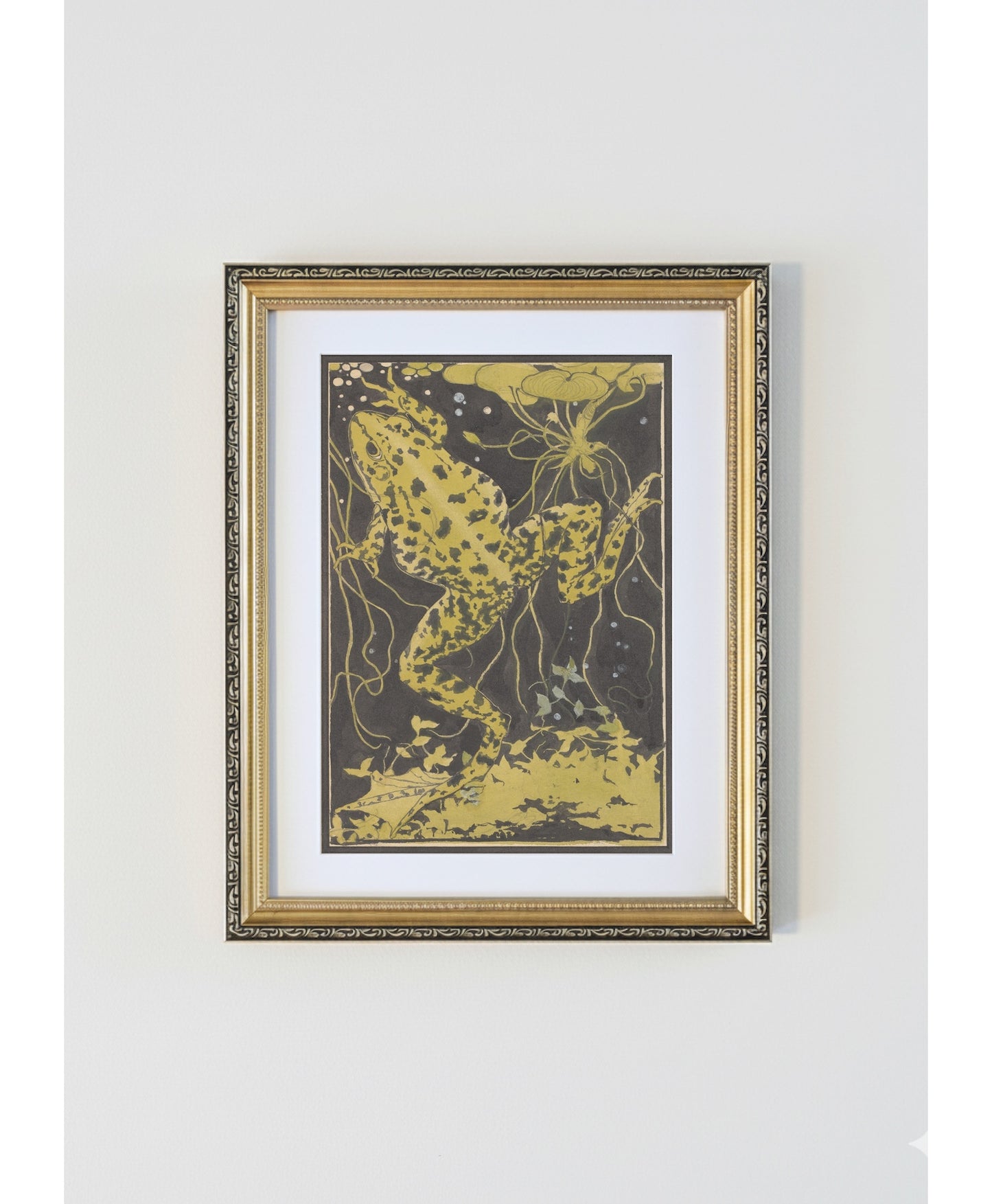 Julie de Graag Frog Woodcut Antique Gold Framed Print - Art Nouveau Nature Illustration,