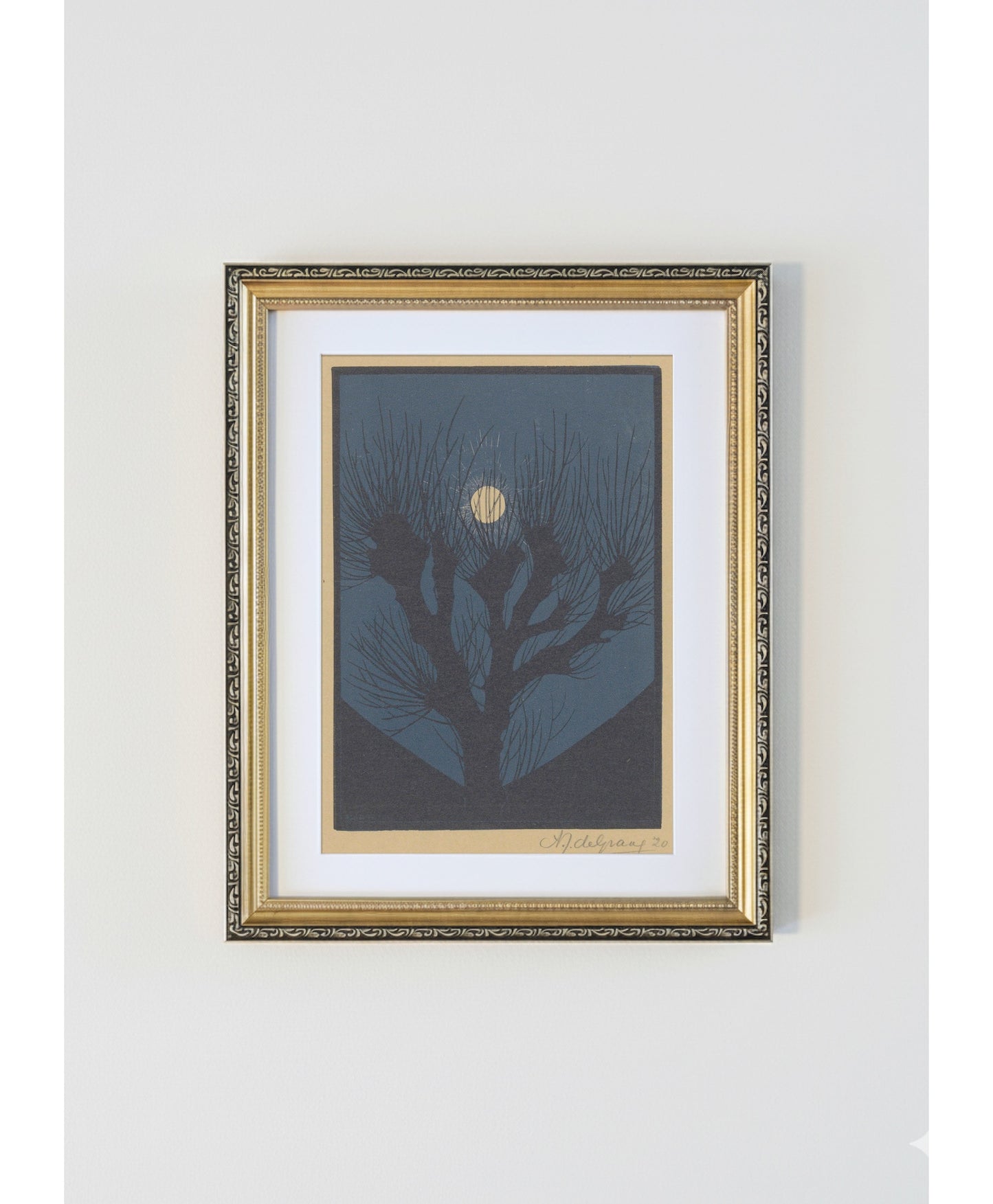 Julie de Graag Moonlight Antique Gold Framed Print - 1920 Dutch Landscape Woodcut,