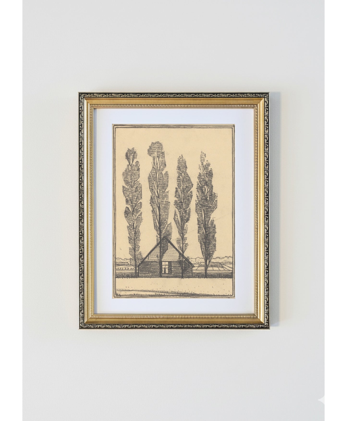Julie de Graag Four Poplars Antique Gold Framed Print - Dutch Farmhouse Woodcut Art