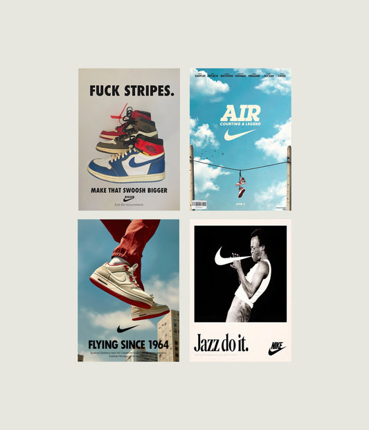Set of 4 Retro Nike Advert Prints – Vintage Sneaker & Running Wall Art (Unframed A4/A3)
