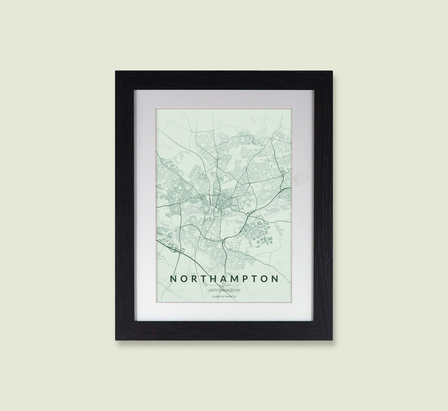 Framed Northampton City Map Print - Heritage Green Edition A4 Poster - Modern Black Frame