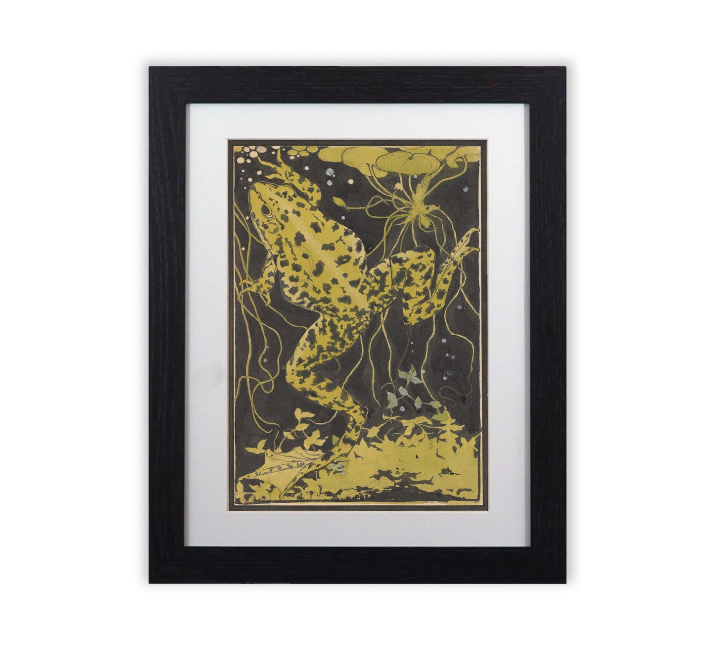 Julie de Graag Frog Woodcut Framed Print - Art Nouveau Nature Illustration,