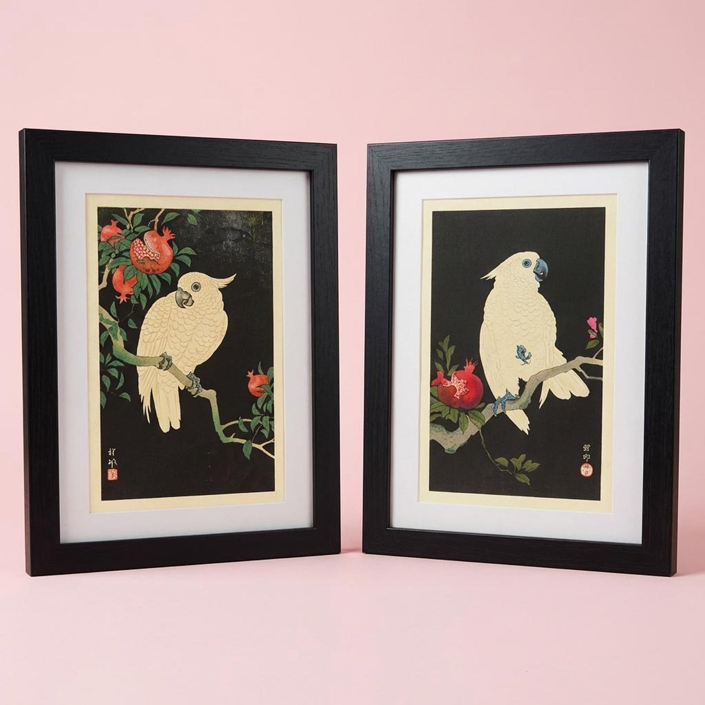 Set of 2 Framed Parrot Prints - Ohara Koson Japanese Bird Art