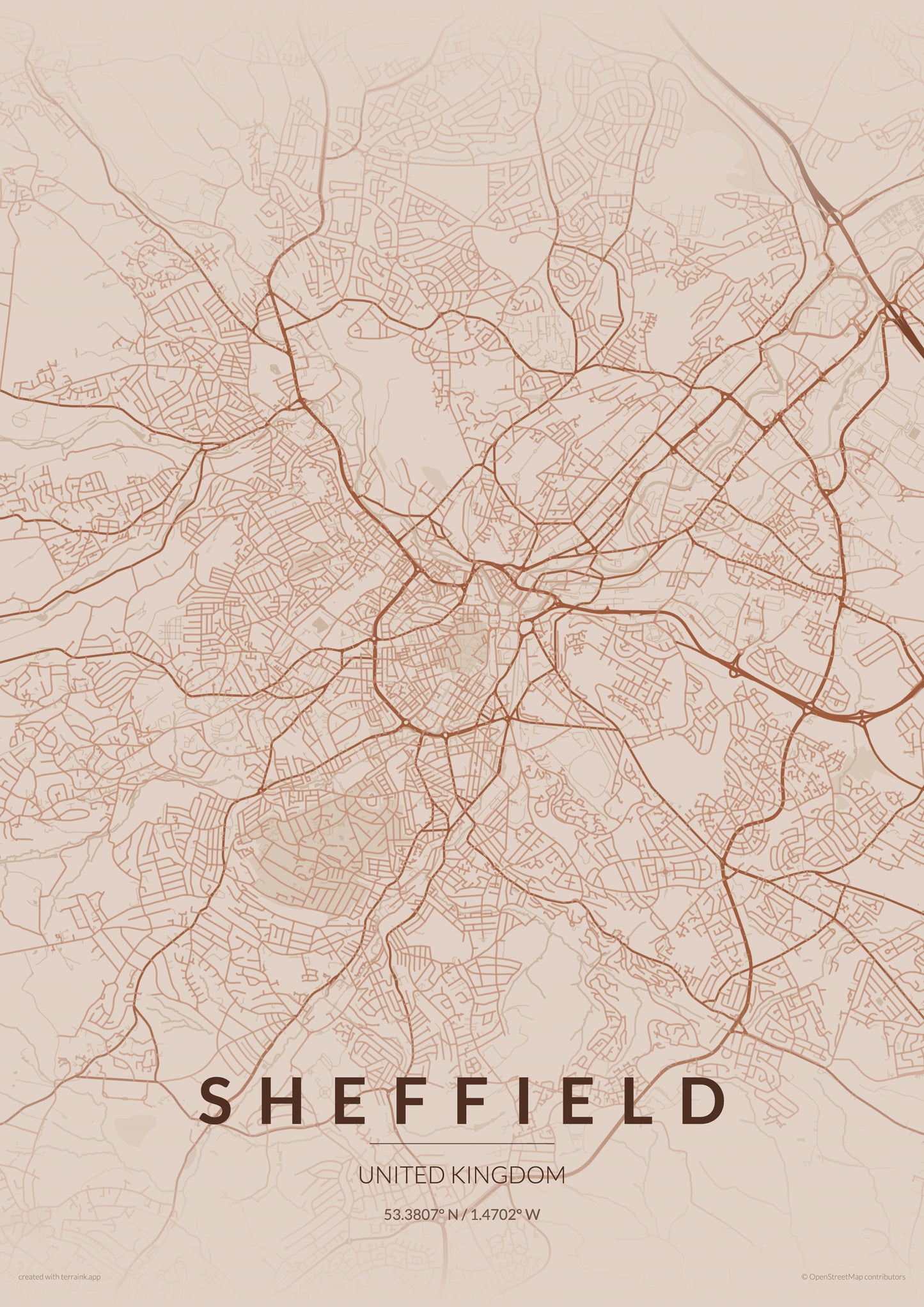 Sheffield City Map Print - Copper Edition