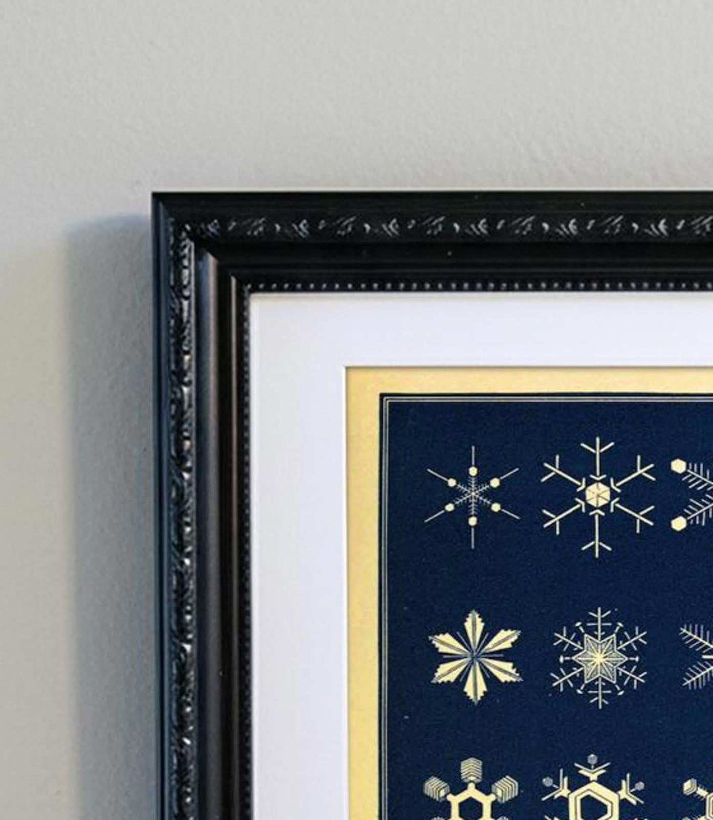 Framed Vintage Snowflake Diagram Print - Gold on Navy Blue Scientific Art
