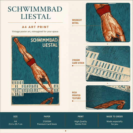 Vintage Schwimmbad Liestal Swimming Poster – A4 Retro Swiss Woodcut Art Print