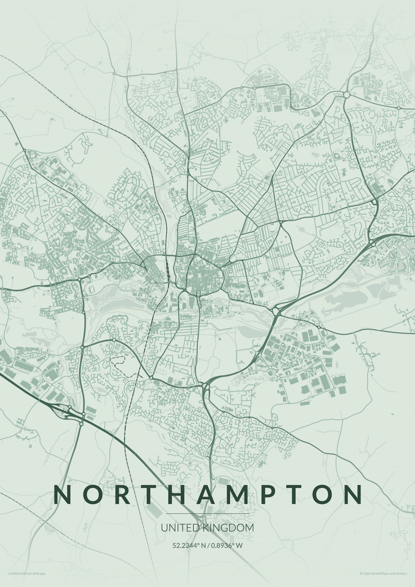 Northampton City Map Print - Heritage Green Edition