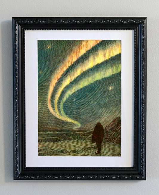 Framed Vintage Aurora Borealis Illustration Northern Lights Yellow Green Print