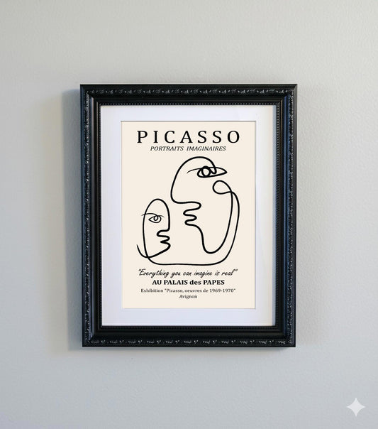 Framed Picasso Abstract Line Art Print Black Ornate Frame Minimalist A4
