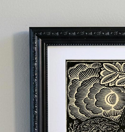 Framed Black Woodcut Print - Intricate Night Scene