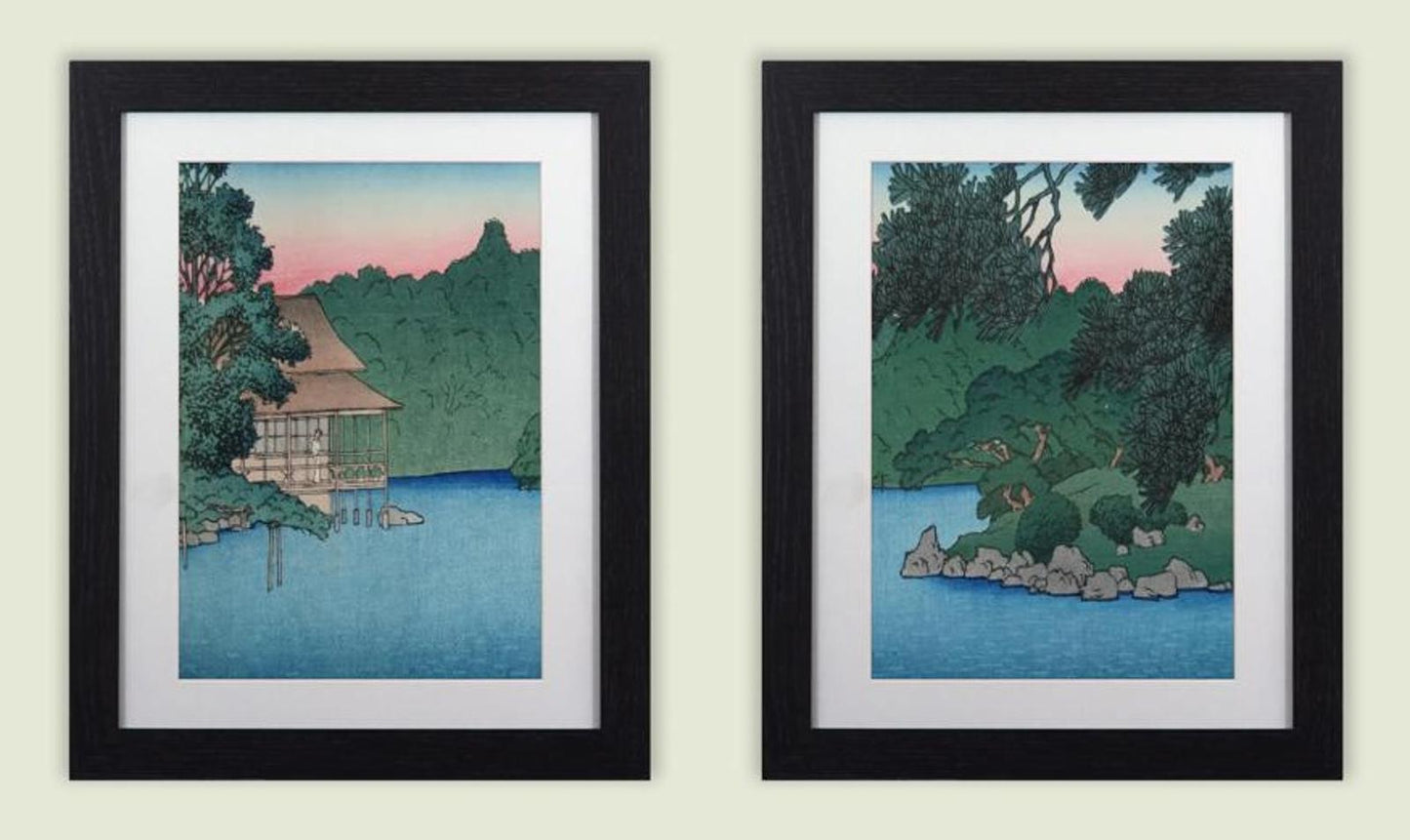 Set of 3 Japanese Woodblock Kawase Framed Prints  Landscape Art 11"x14" Frame