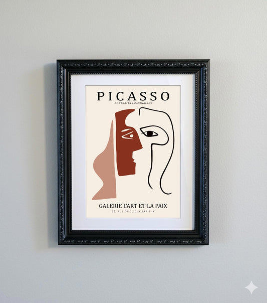Framed Picasso Abstract Line Art Print  Black Ornate Frame Minimalist A4