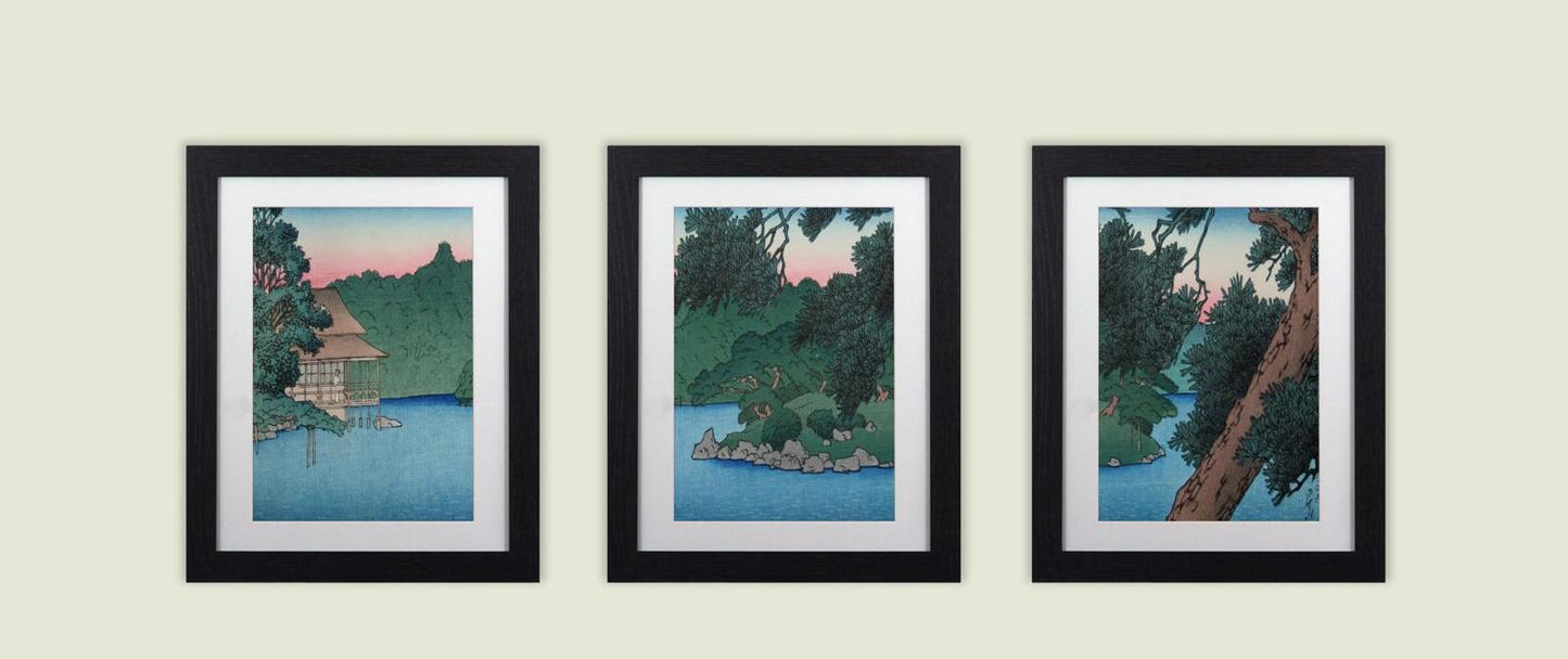 Set of 3 Japanese Woodblock Kawase Framed Prints  Landscape Art 11"x14" Frame