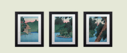 Set of 3 Japanese Woodblock Kawase Framed Prints  Landscape Art 11"x14" Frame