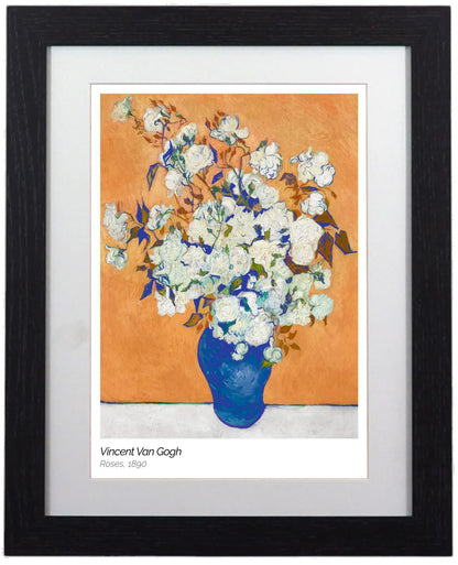 Framed Art Print | Vase with White Roses by Vincent Van Gogh 11"x14" Black Frame