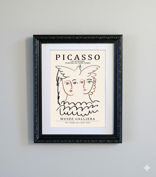 Framed Picasso Abstract Line Art Print  Black Ornate Frame Minimalist A4