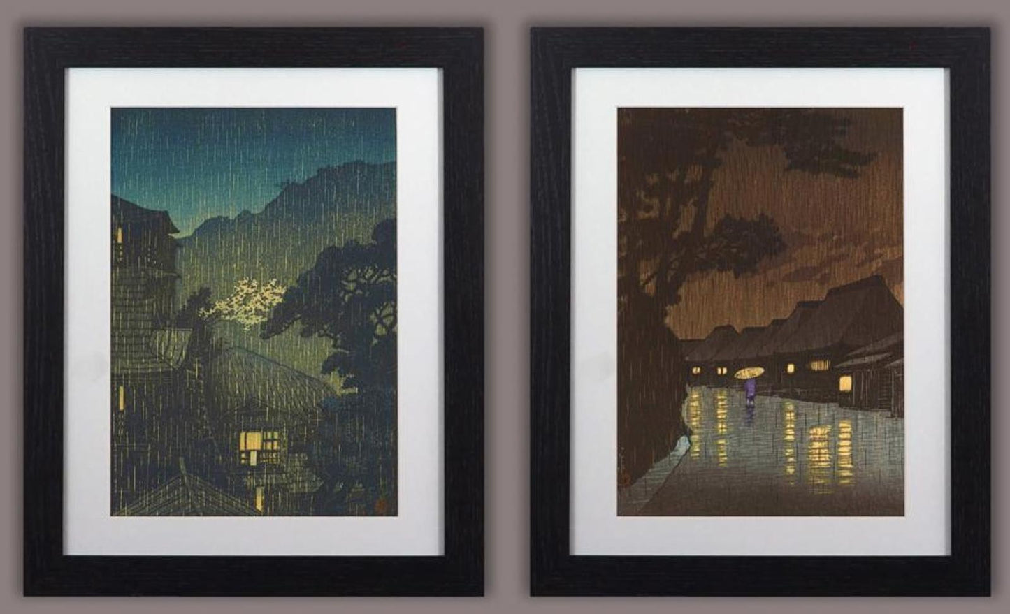Kawase Framed Prints Set of 2 Japanese Night Rain Woodblock Art 11"x14" Frame