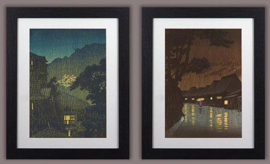 Kawase Framed Prints Set of 2 Japanese Night Rain Woodblock Art 11"x14" Frame