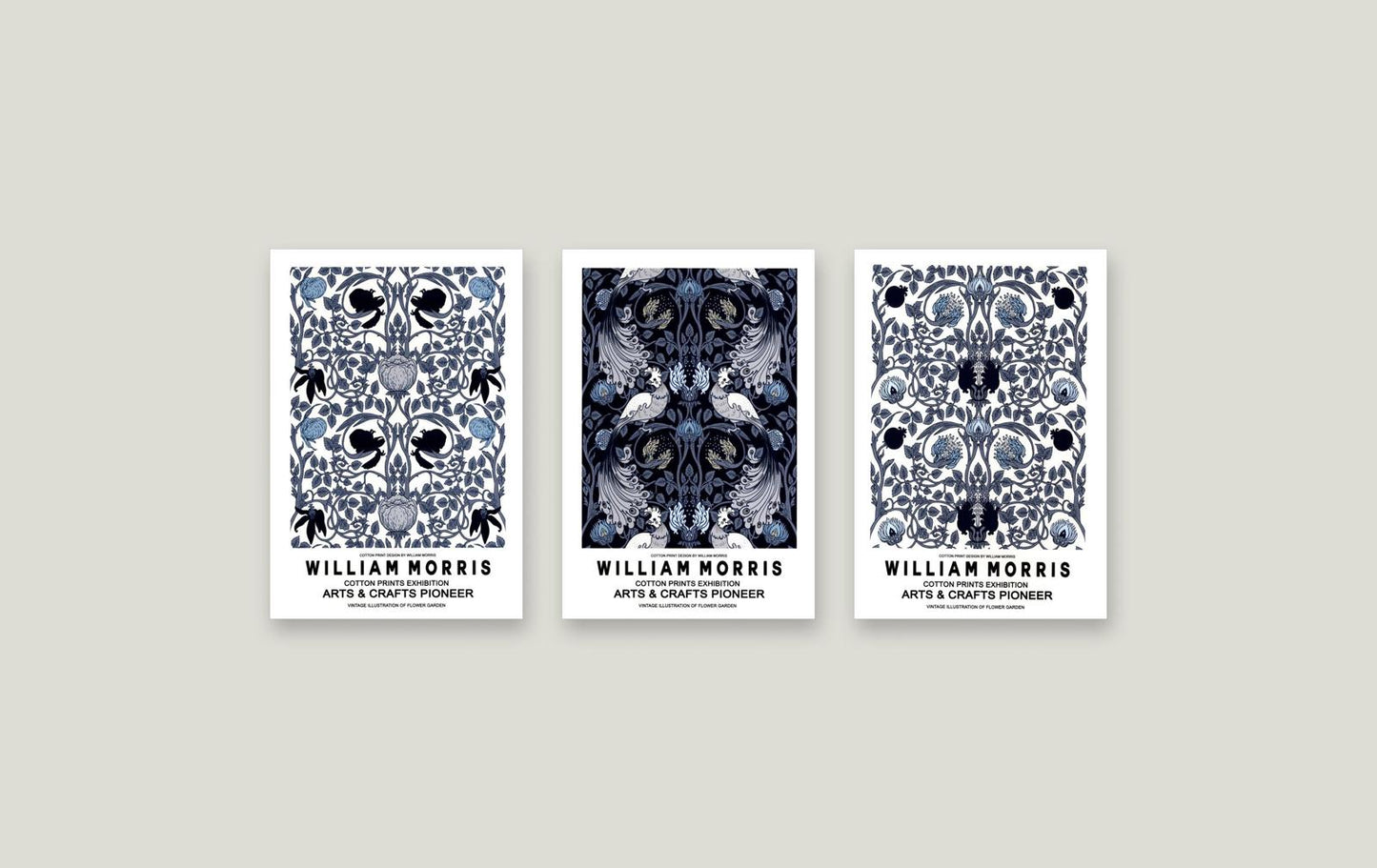 Set of 3 Framed William Morris Prints - Navy & White Arts and Crafts Gallery Wall