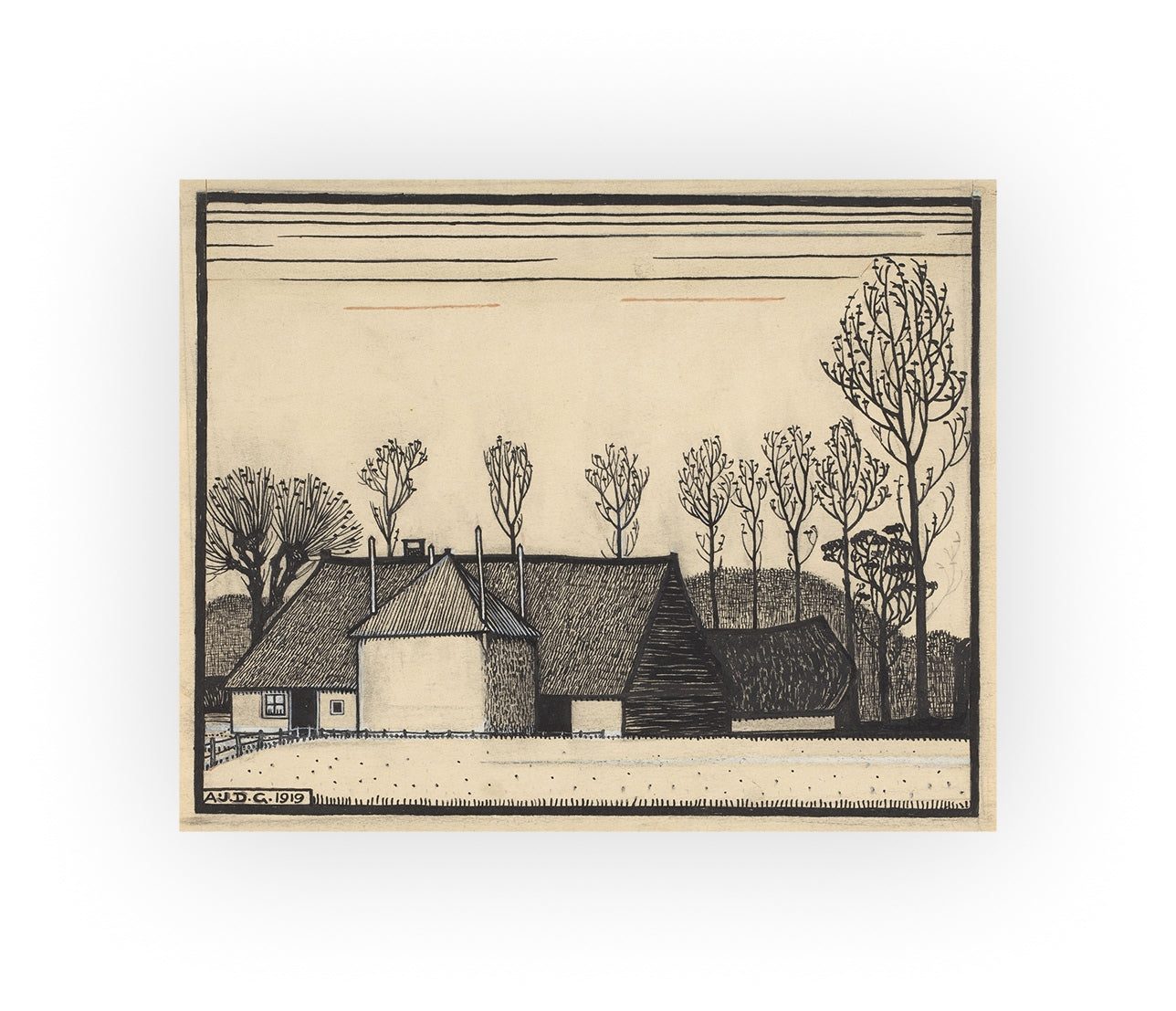 ulie de Graag Farm in the Snow Print - 1920 Dutch Woodcut