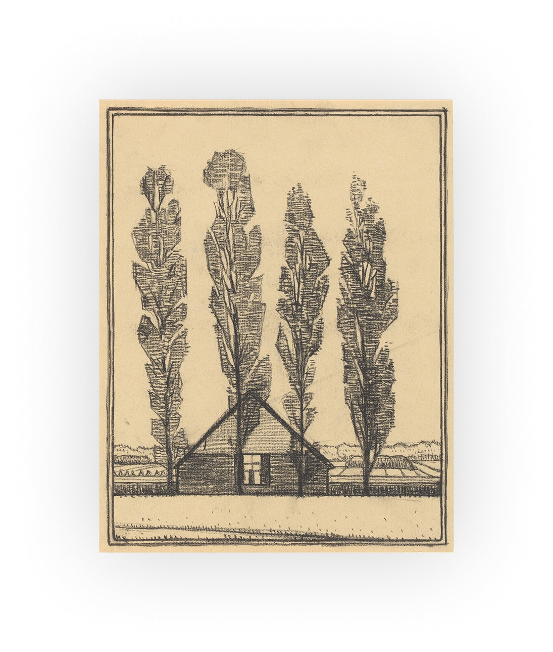 Julie de Graag Four Poplars Print - Dutch Farmhouse Woodcut Art