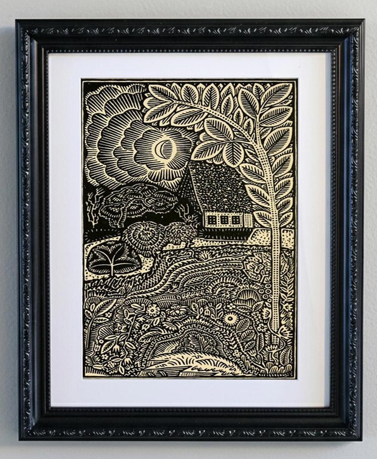 Framed Black Woodcut Print - Intricate Night Scene