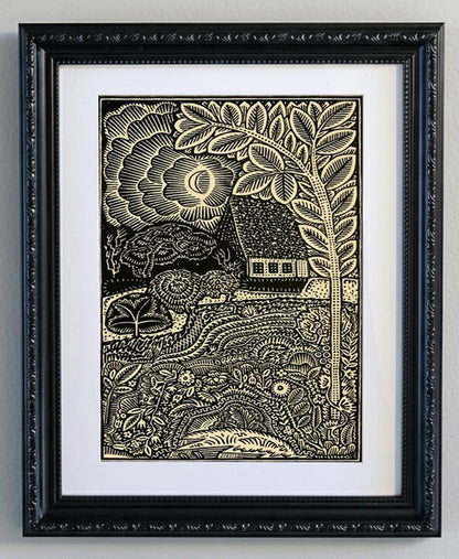 Framed Black Woodcut Print - Intricate Night Scene