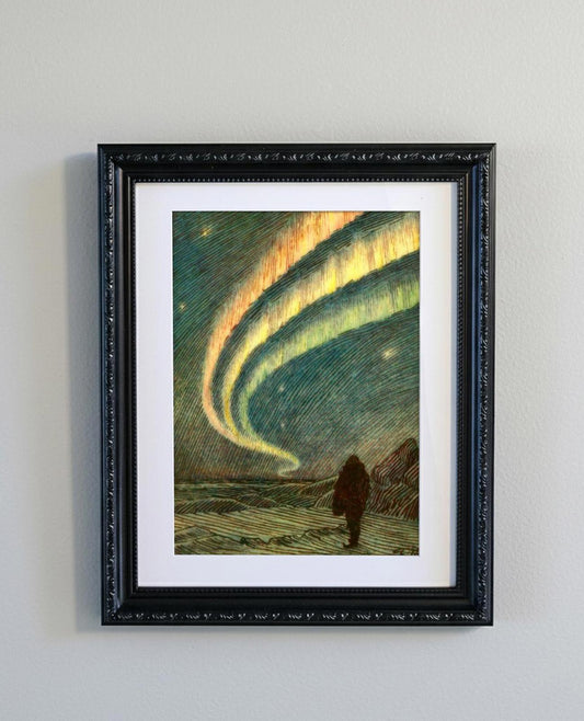 Framed Vintage Aurora Borealis Illustration Northern Lights Yellow Green Print