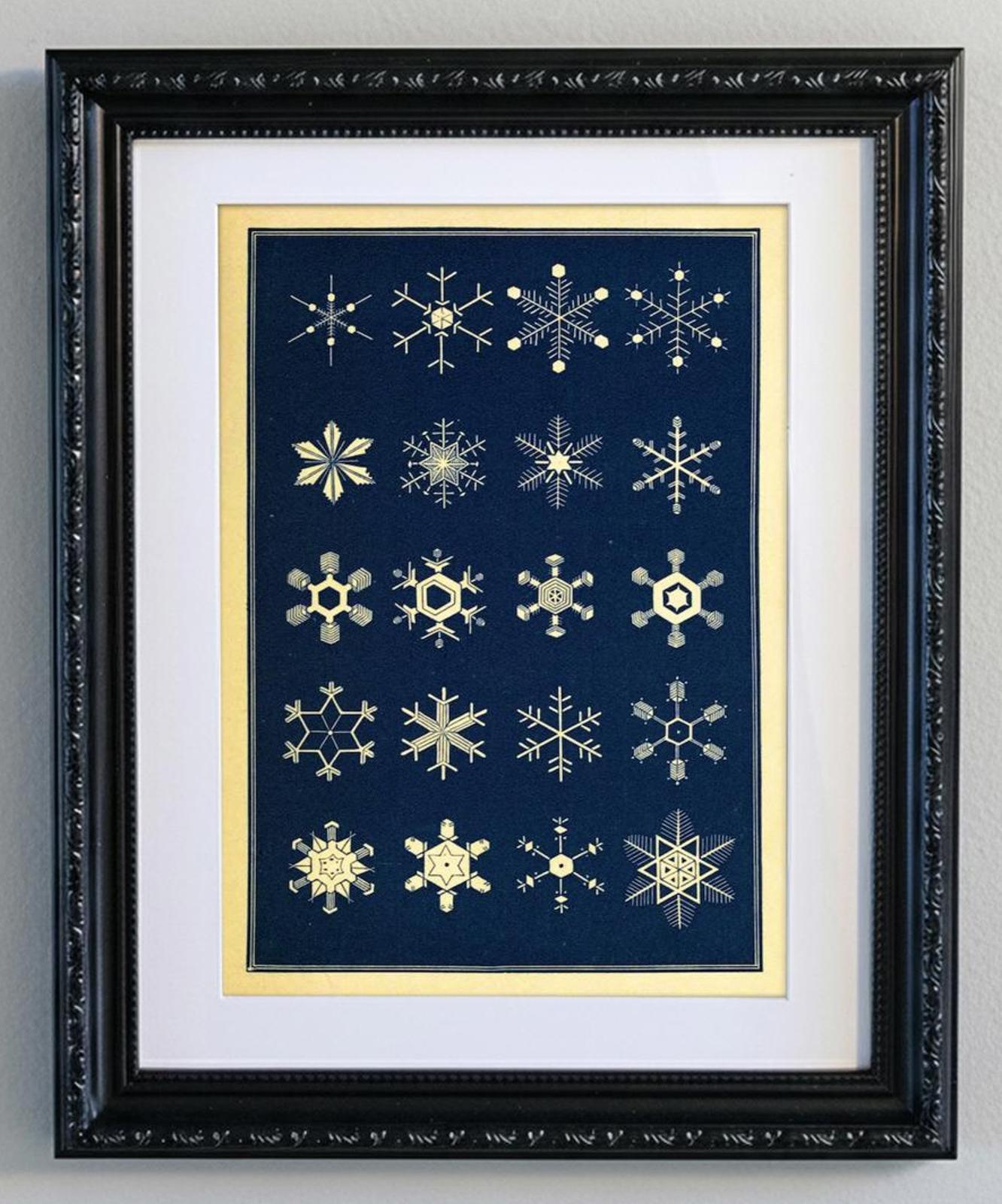 Framed Vintage Snowflake Diagram Print - Gold on Navy Blue Scientific Art