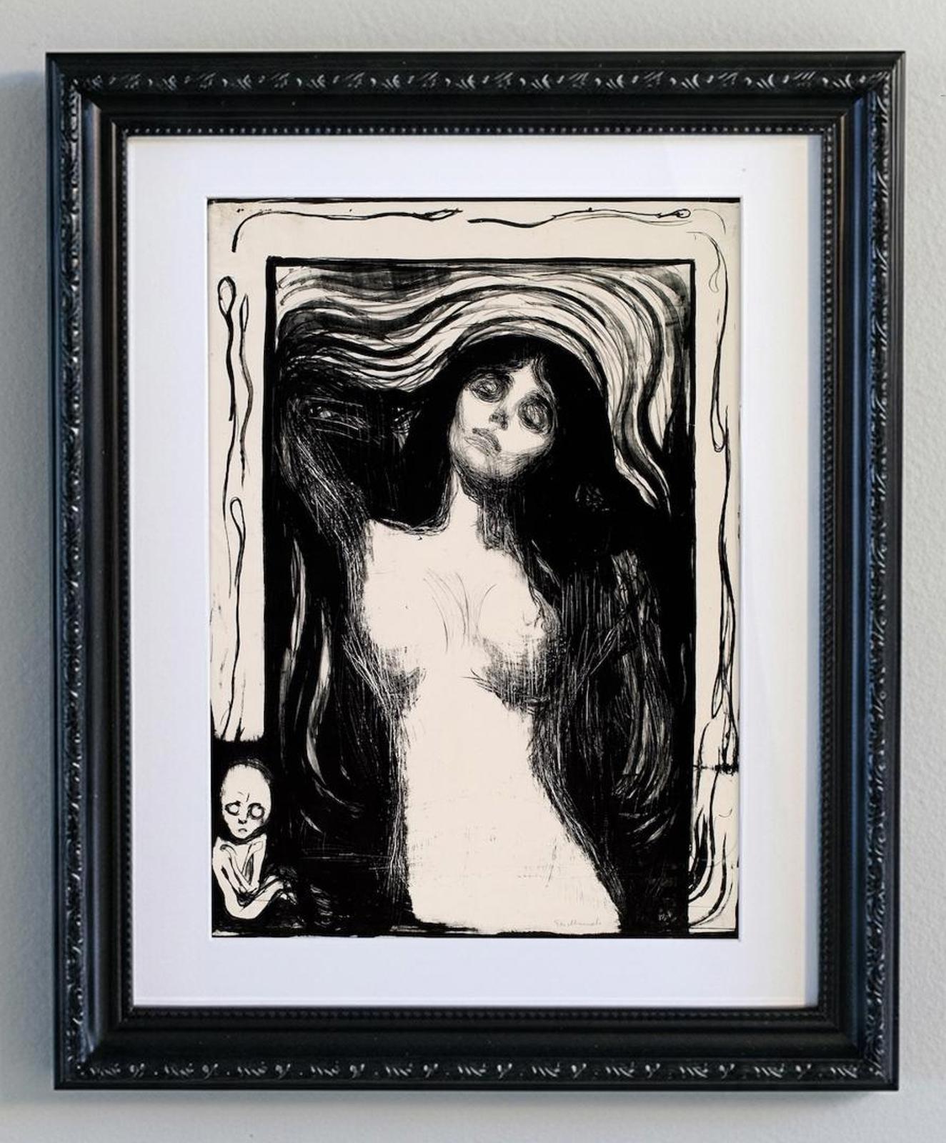Framed Edvard Munch's Madonna Monochrome Lithograph Print - Ornate Black Frame