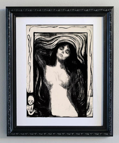 Framed Edvard Munch's Madonna Monochrome Lithograph Print - Ornate Black Frame