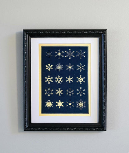 Framed Vintage Snowflake Diagram Print - Gold on Navy Blue Scientific Art