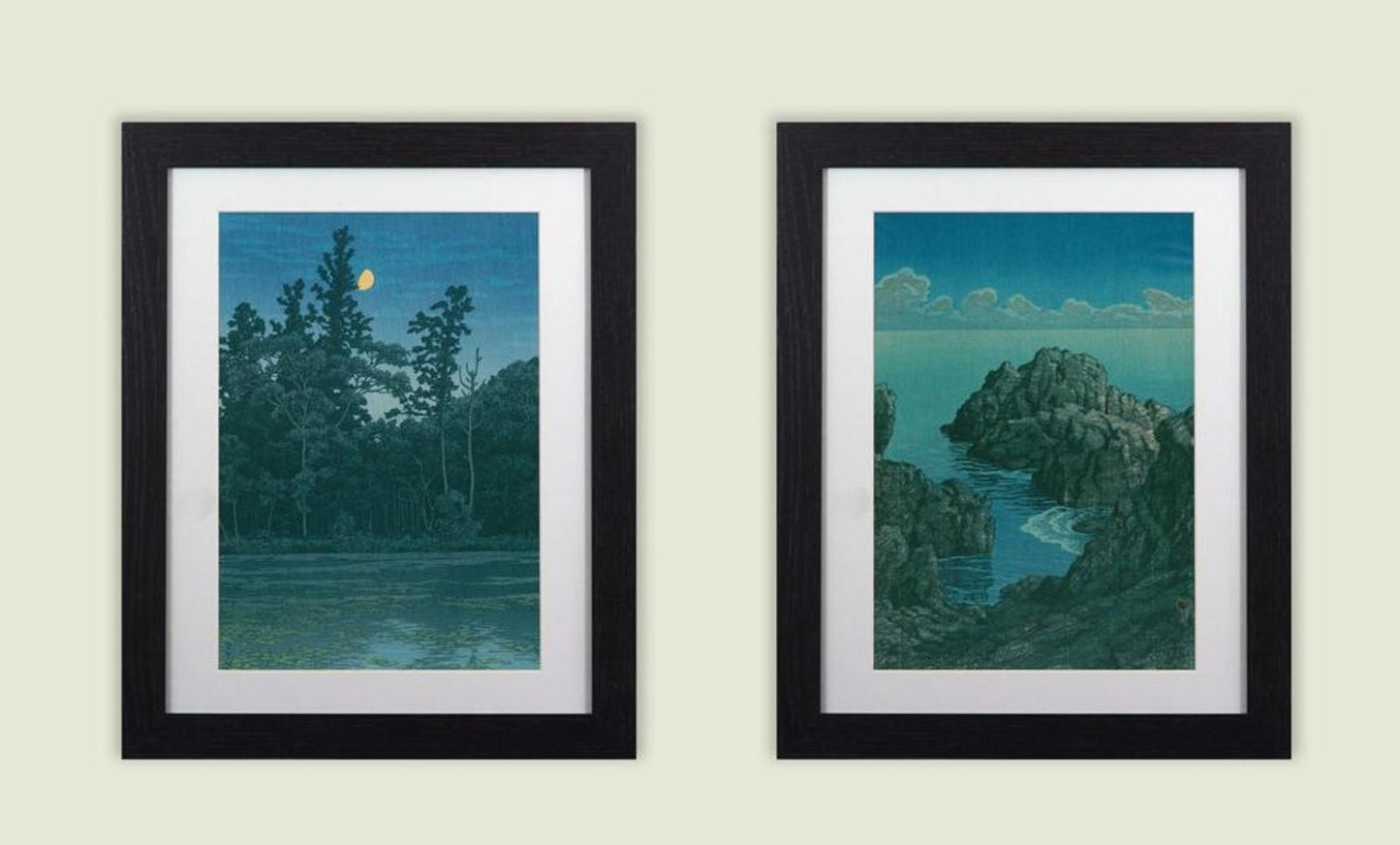 Set of 3 Kawase Framed Prints - Moonlit Night Woodblock Collection 11"x14" Frame