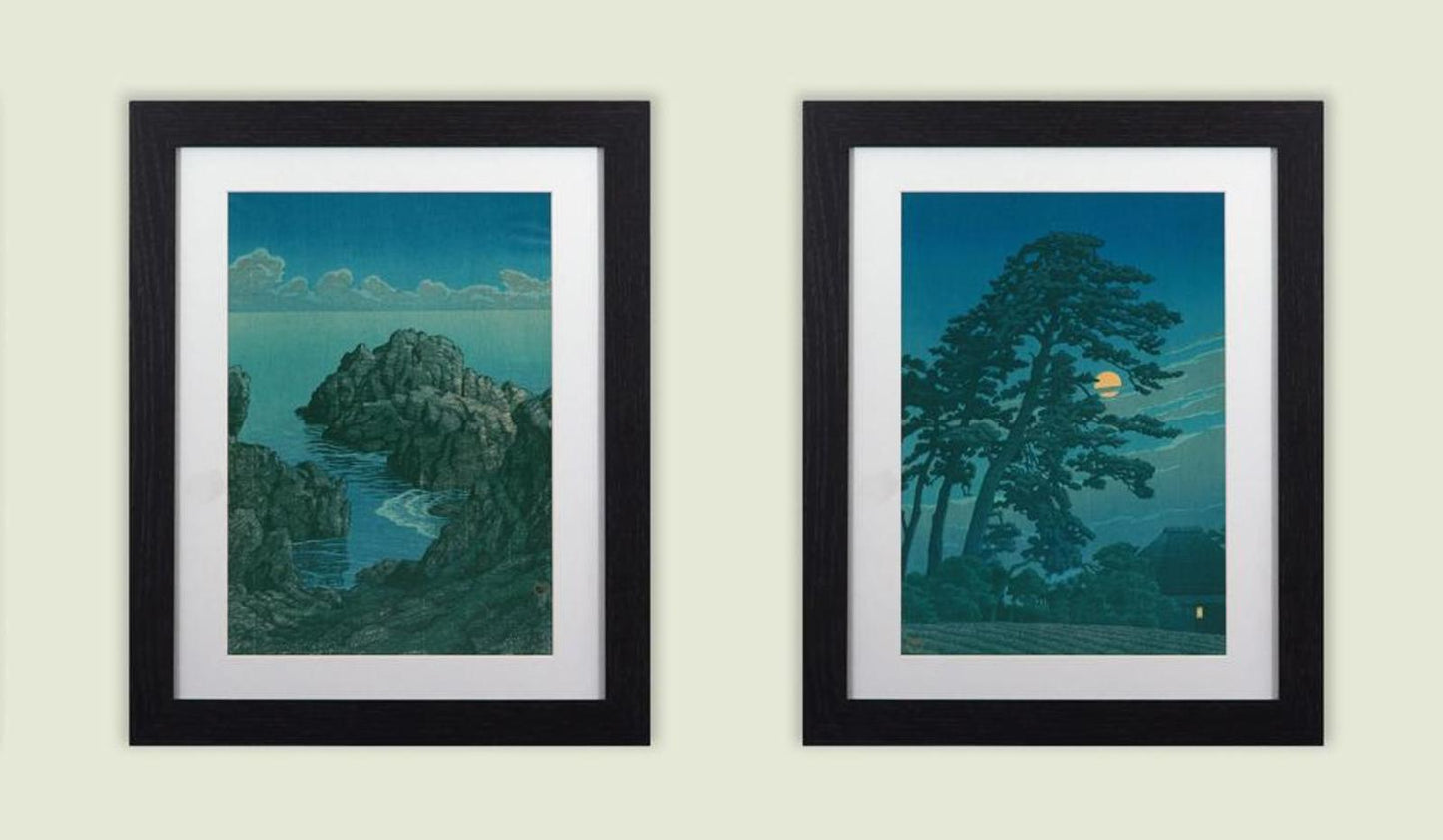 Set of 3 Kawase Framed Prints - Moonlit Night Woodblock Collection 11"x14" Frame