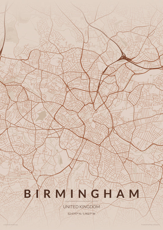 Birmingham City Map Print - Copper Edition