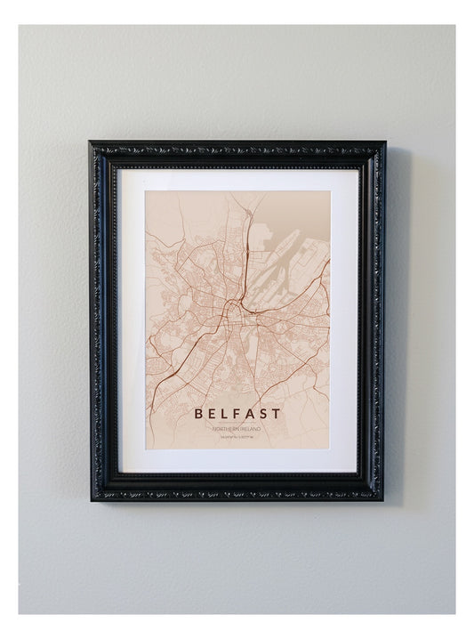 Ornate Framed Belfast City Map Print - Copper Edition A4 Poster - Black Decorative Frame