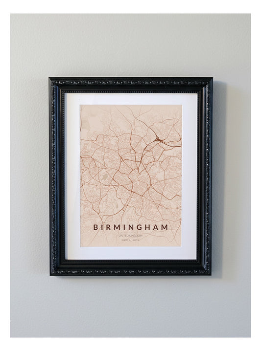 Ornate Framed Birmingham City Map Print - Copper Edition A4 Poster - Black Decorative Frame