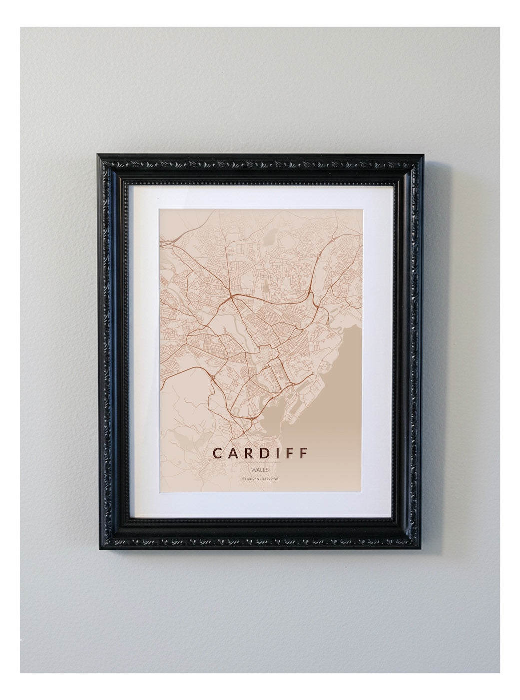 Ornate Framed Cardiff City Map Print - Copper Edition A4 Poster - Black Decorative Frame