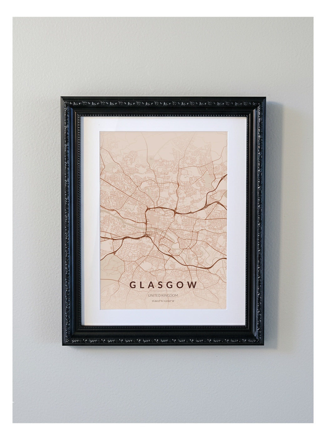 Ornate Framed Glasgow City Map Print - Copper Edition A4 Poster - Black Decorative Frame