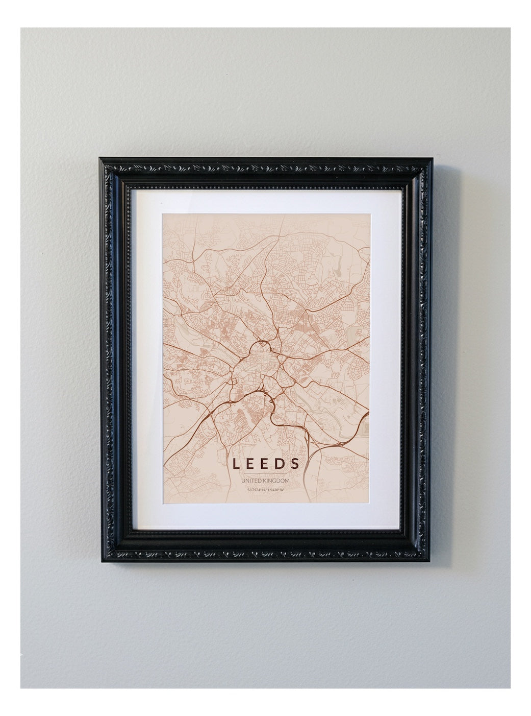 Ornate Framed Leeds City Map Print - Copper Edition A4 Poster - Black Decorative Frame