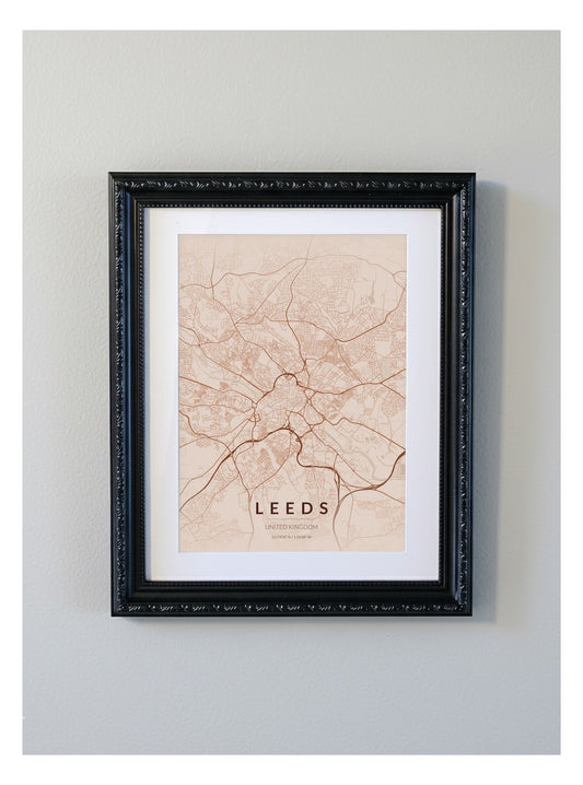 Ornate Framed Leeds City Map Print - Copper Edition A4 Poster - Black Decorative Frame