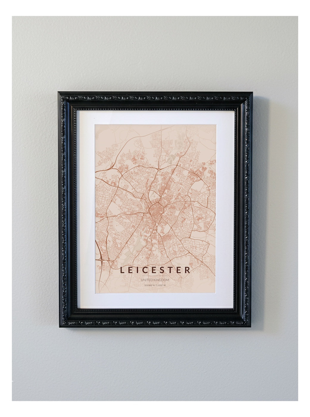 Ornate Framed Leicester City Map Print - Copper Edition A4 Poster - Black Decorative Frame