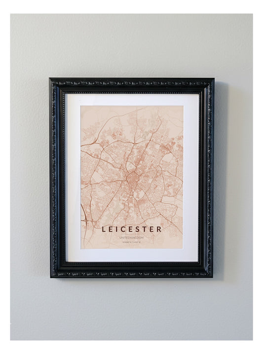 Ornate Framed Leicester City Map Print - Copper Edition A4 Poster - Black Decorative Frame